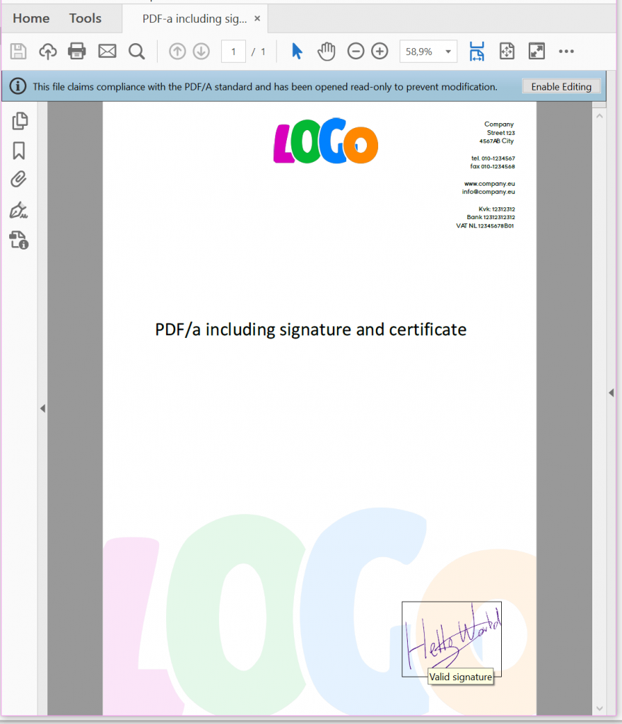 PDF/a inclusief handtekening en certificaat